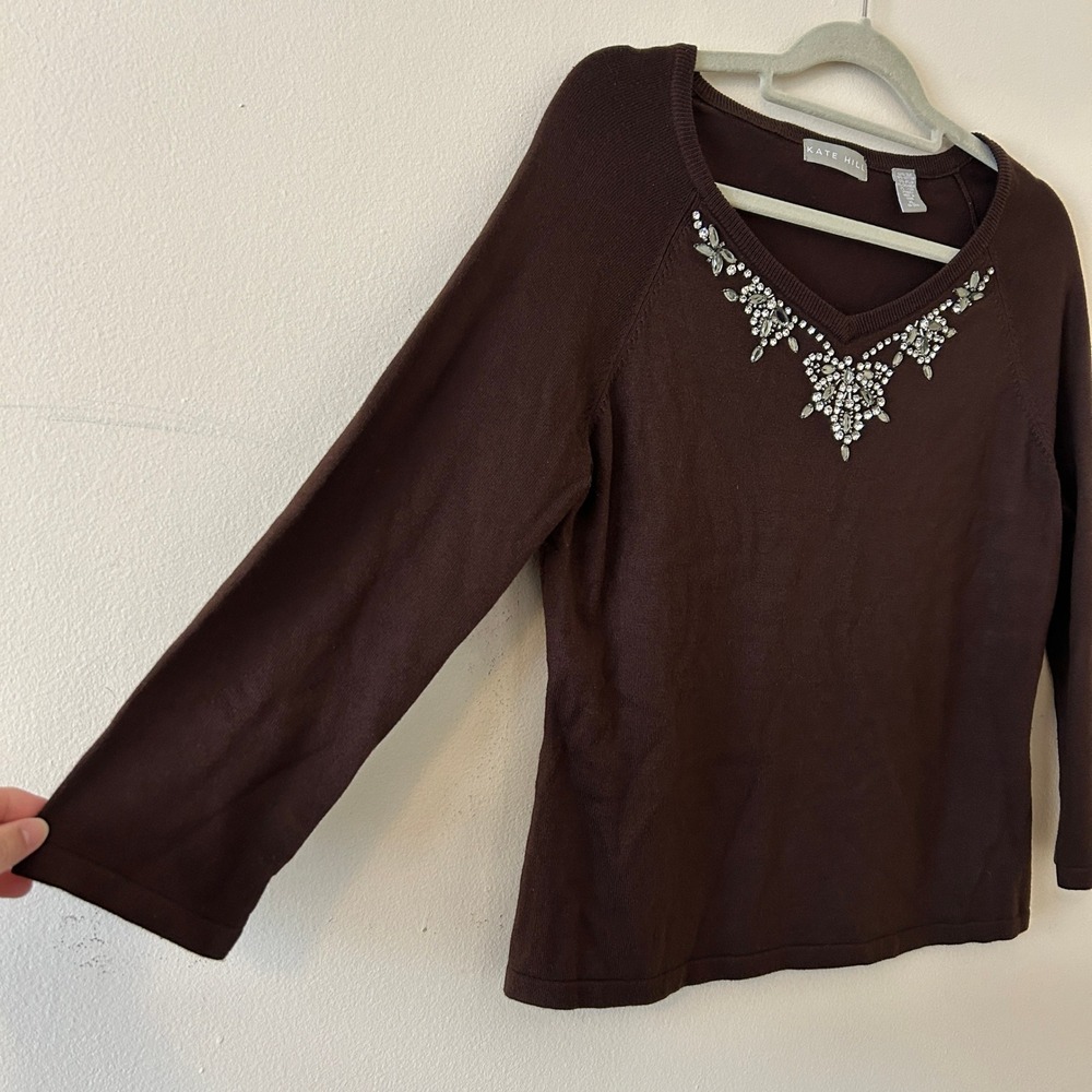 Kate Hill Vintage Brown Silk Cashmere Blend Embellished V-Neck Sweater XL‎ - Picture 5 of 7
